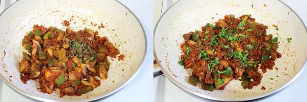 Collage of 2 images showing adding garam masala and kasoori methi and cilantro.