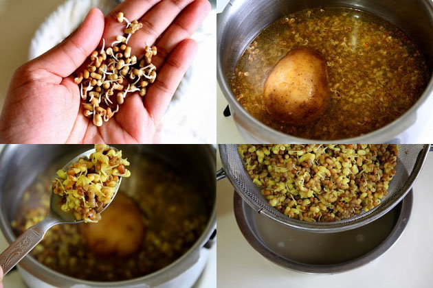 Collage of 4 images showing sprouted moth beans, in pressure cooker with potato, boiled sprouts and drained water.
