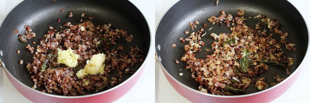 Collage of 2 images showing adding san sauteing ginger garlic paste.