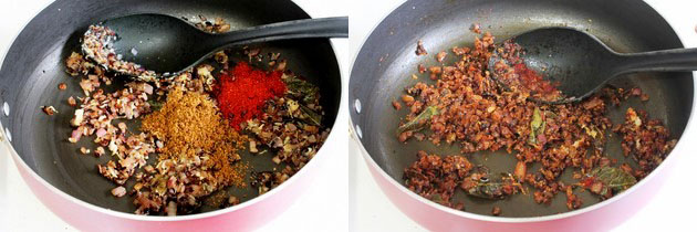 Collage of 2 images showing adding and mixing spices.