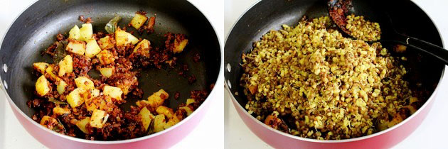Collage of 2 images showing adding potatoes and boiled moth beans.