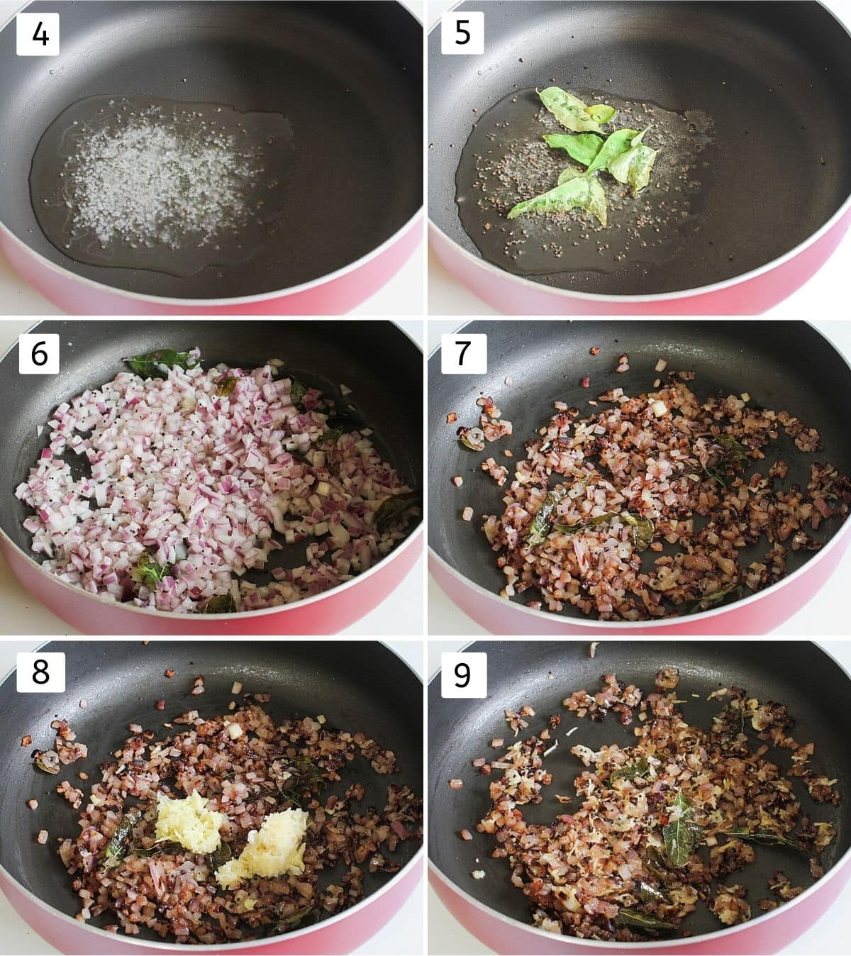 Collage of 6 images showing tempering spices, cooking onion and ginger garlic.