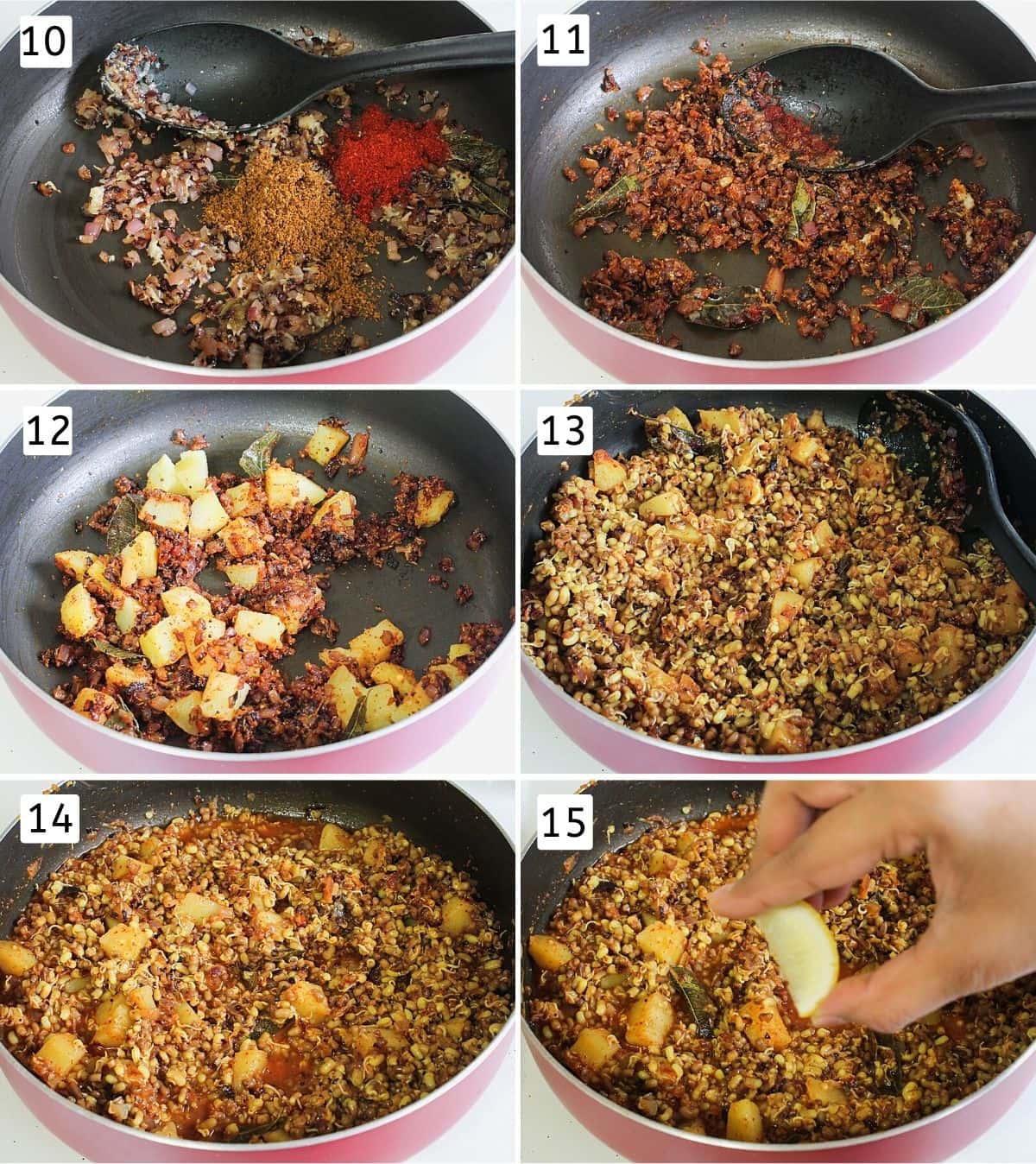 Collage of 6 images showing adding spices, boiled potatoes and sprouts, adding lemon juice.