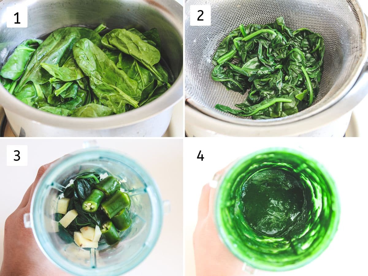 Collage of 4 images showing blanching spinach and making puree.