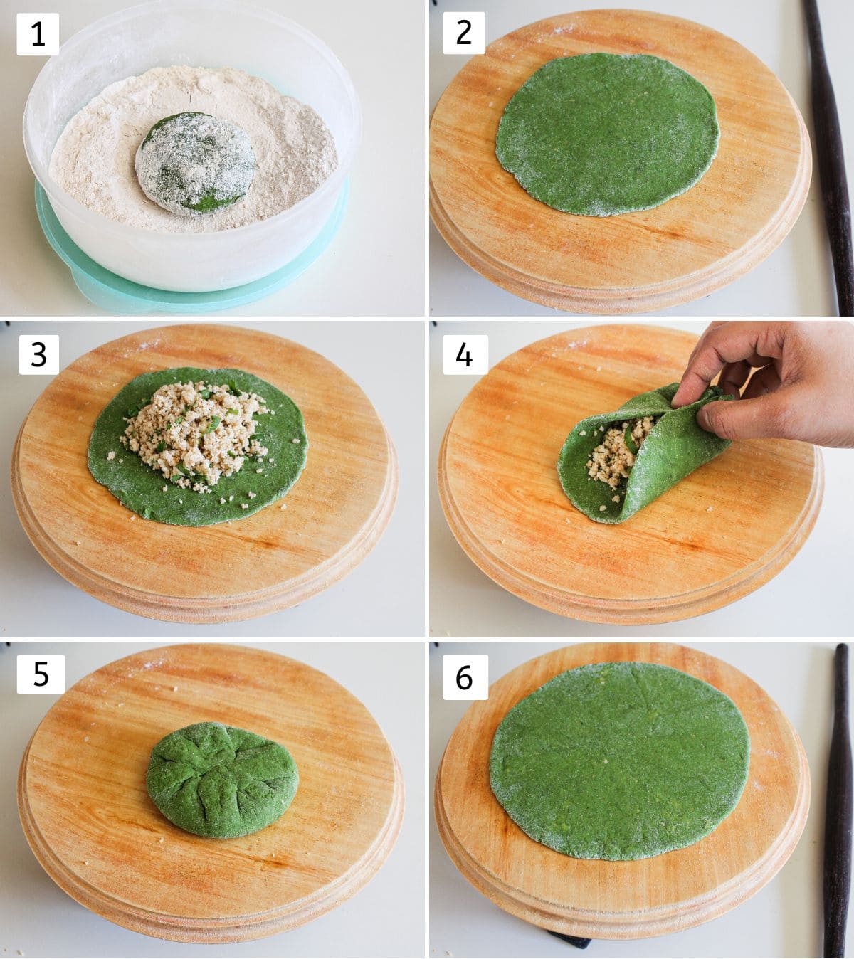 Collage of 6 images showing rolling, stuffing and rolling paratha.