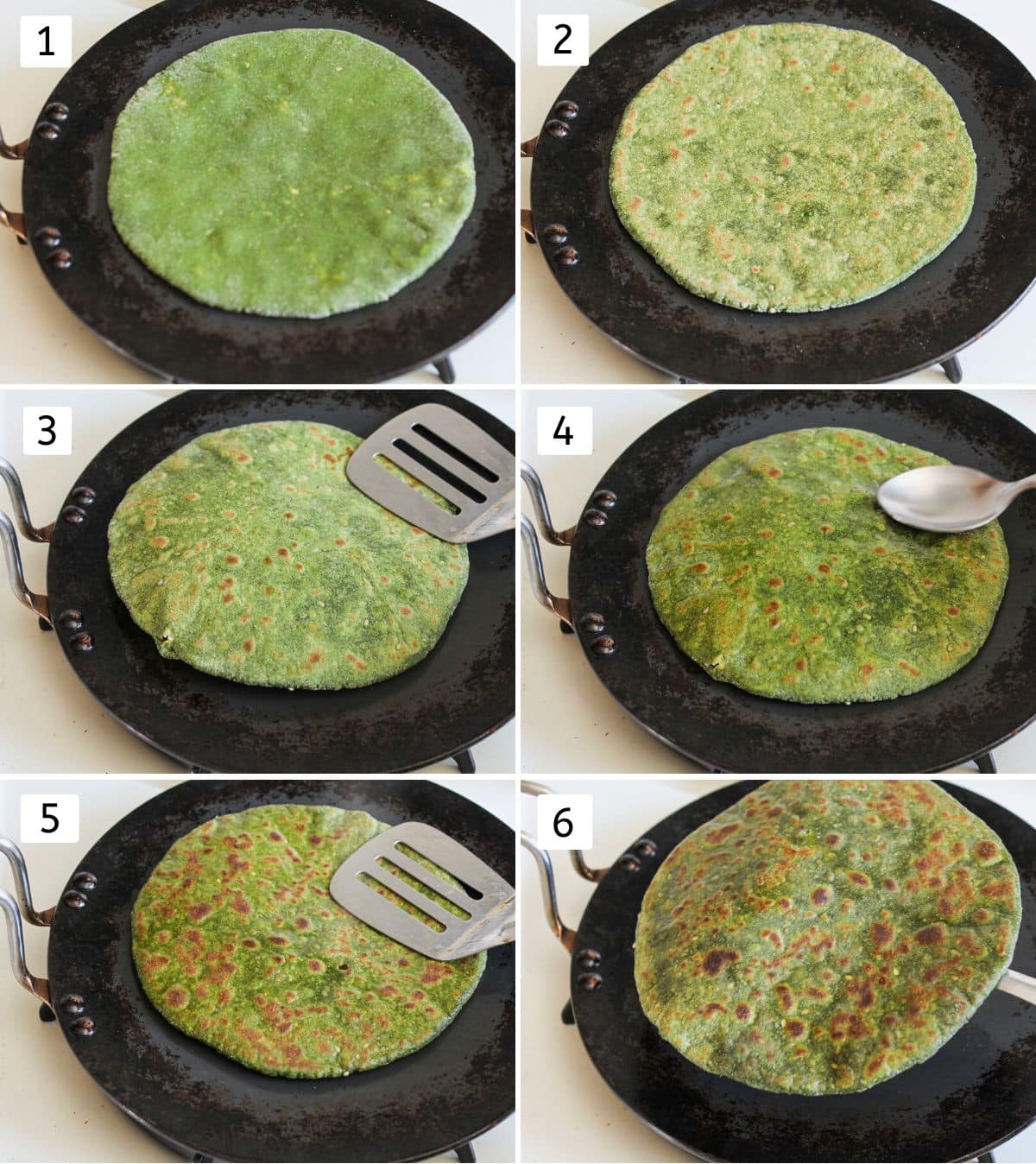 Collage of 6 images showing cooking paratha on tawa with oil and pressing with spatula.