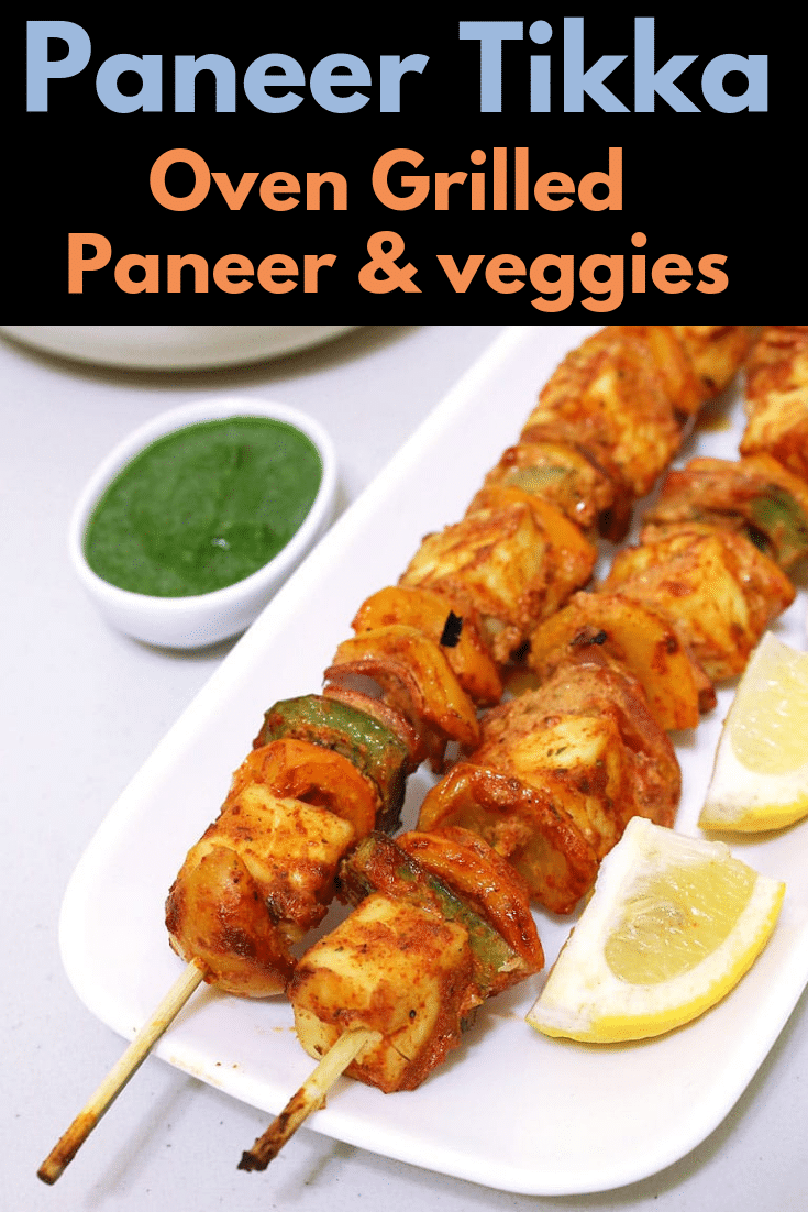 Try this easy tandoori paneer tikka recipe with homemade marinade, I am sure you will love this. These paneer and vegetable skewers are grilled into the oven or outdoor grill. I have also shared how to make this paneer tikka dry on tawa on stove top. This is served as a starter with green chutney and lemon wedges. #paneer #IndianFood #grilling #starter #vegetarian