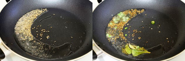 Collage of 2 images showing tempering of mustard and cumun seeds and adding chili and curry leaves.