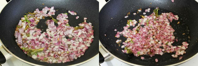 Collage of 2 images showing adding and cooking onion.