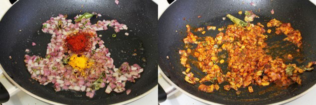 Collage of 2 images showing adding and mixing spices.