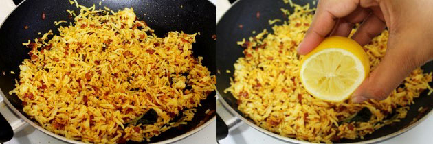 Collage of 2 images showing mixing rice and adding lemon juice.