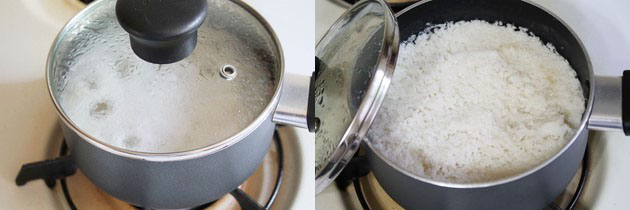 Collage of 2 images showing cooked sama chawal in a pan.