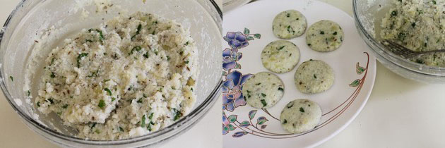 Collage of 2 images showing tikki mixture and shaped into tikkis.