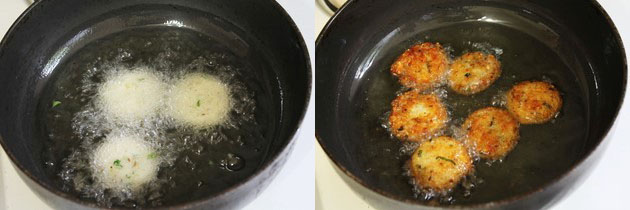Collage of 2 images showing frying tikkis into the hot oil.
