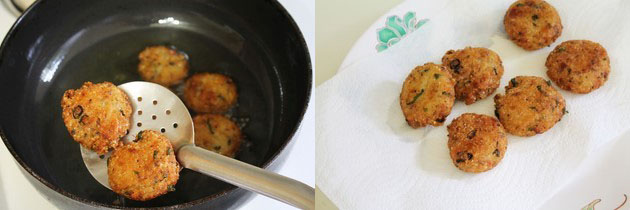 Collage of 2 images showing draining oil and fried tikki on a plate.