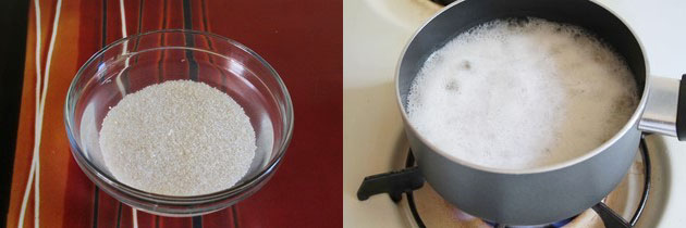 Collage of 2 images showing soaked sama chawal and cooking in a pan.
