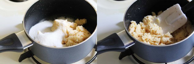 Collage of 2 steps showing khoya, sugar in a pan and cooking.