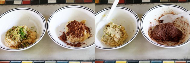 Collage of 2 steps showing mixture divided into 2 bowls, added pista and cocoa powder, mixed.