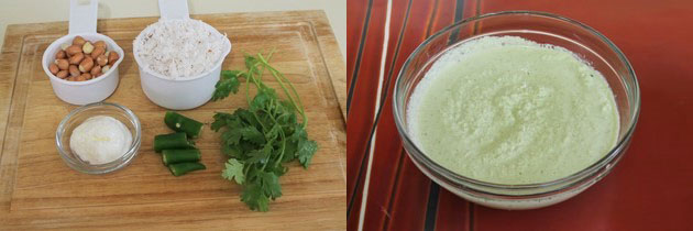 Collage of 2 images showing chutney ingredients on a cutting board and ground chutney in a bowl.