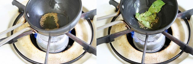 Collage of 2 images showing tempering of cumin seeds and curry leaves.