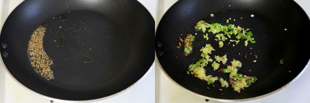 Collage of 2 images showing tempering of cumin and adding ginger, chili.
