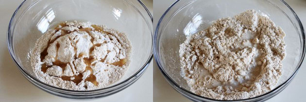Collage of 2 images showing flour and oil in a bowl and adding water.
