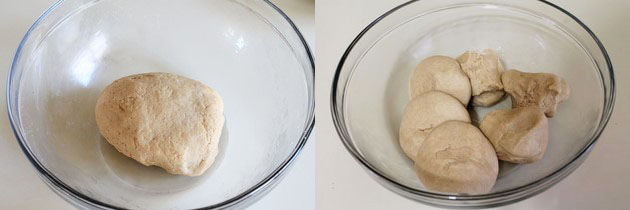 Collage of 2 images showing ready dough and divided into small balls.