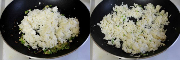 Collage of 2 images showing adding grated cauliflower and mixing.