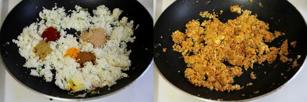 Collage of 2 images showing adding and cooking spices.