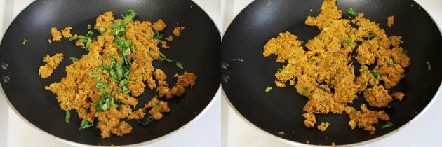 Collage of 2 images showing adding and mixing cilantro.