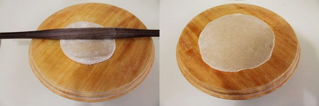 Collage of 2 images showing rolling paratha using rolling pin.