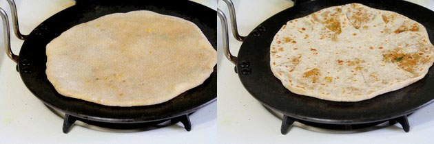 Collage of 2 images showing placing paratha on tawa and flipped.