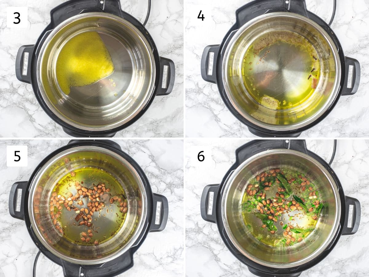 Collage of 4 images showing tempering spices in ghee, sauteeing peanuts, chili and curry leaves.