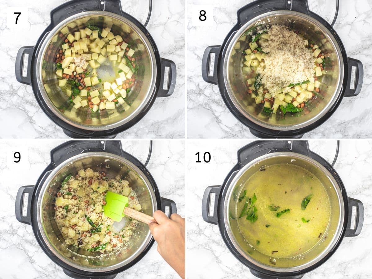 Collage of 4 images showing adding and mixing potatoes, rock salt, samo and water.