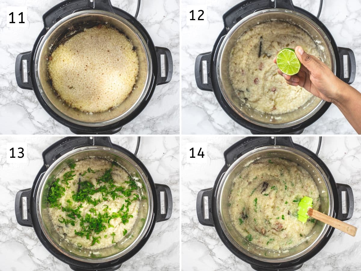 Collage of 4 images showing cooked khichdi, adding lime juice and cilantro.