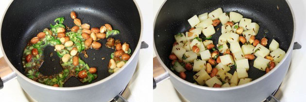 Collage of 2 images showing sauteing green chilies and adding potatoes.
