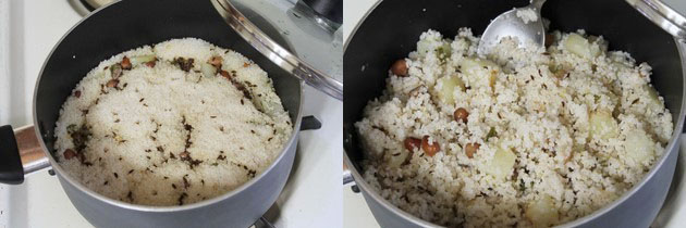 Collage of 2 images showing cooked khichdi and fluffed up.