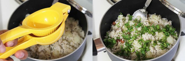 Collage of 2 images showing squeezing lemon juice and adding cilantro.