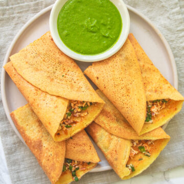 Paneer besan chilla with green chutney.