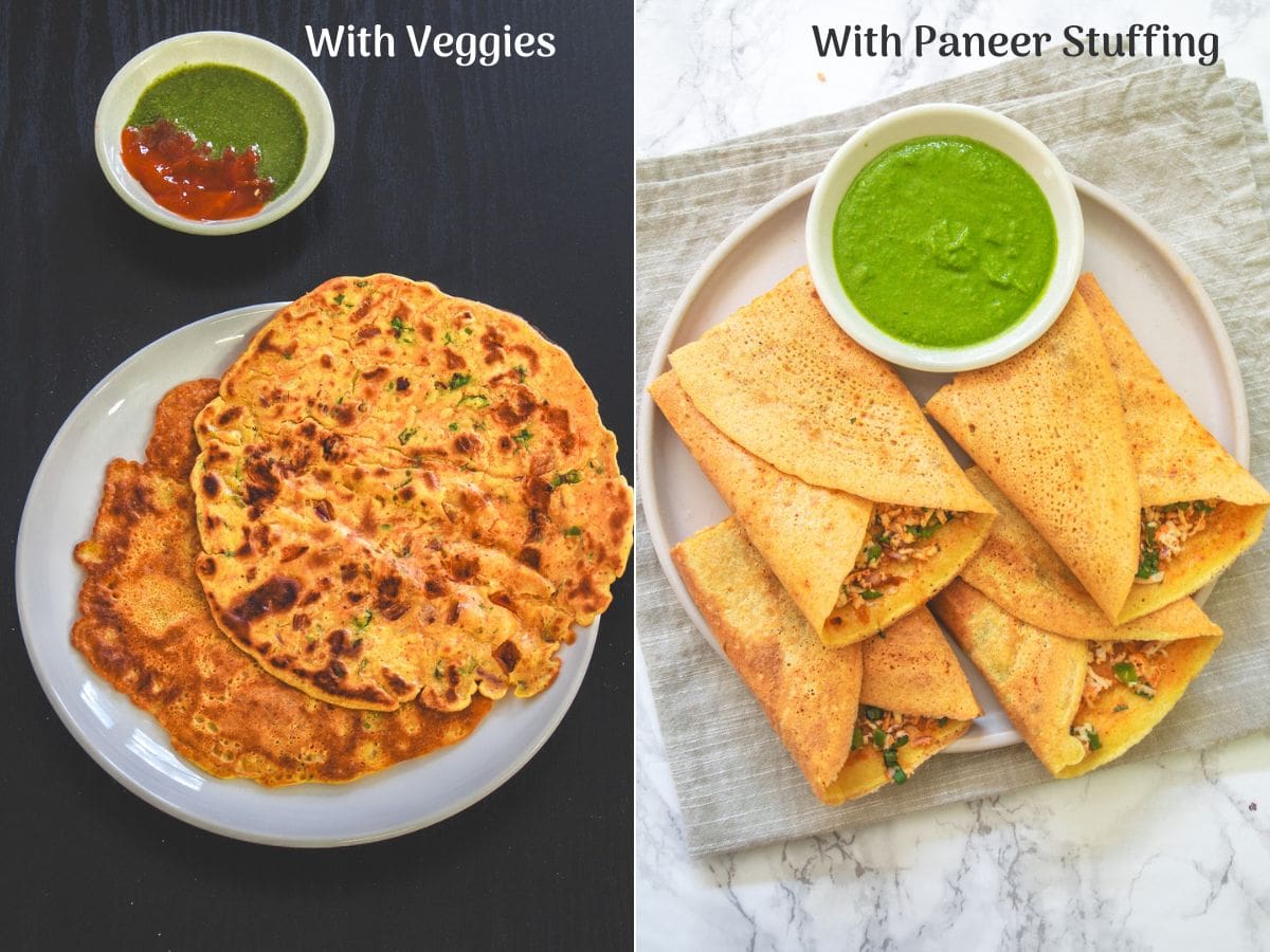 Collage of 2 images showing veggie besan chilla and paneer stuffed besan chilla.