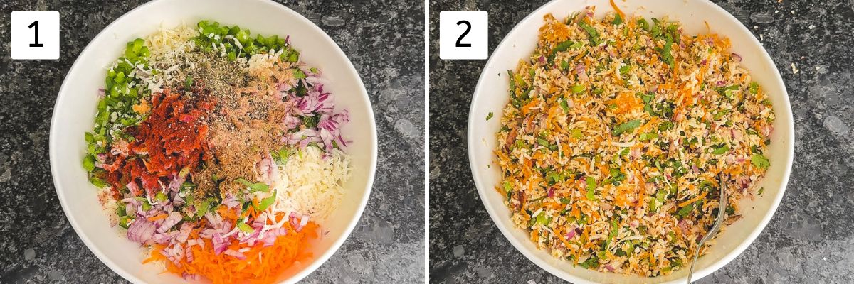 Collage of 2 images showing paneer stuffing made in a bowl.