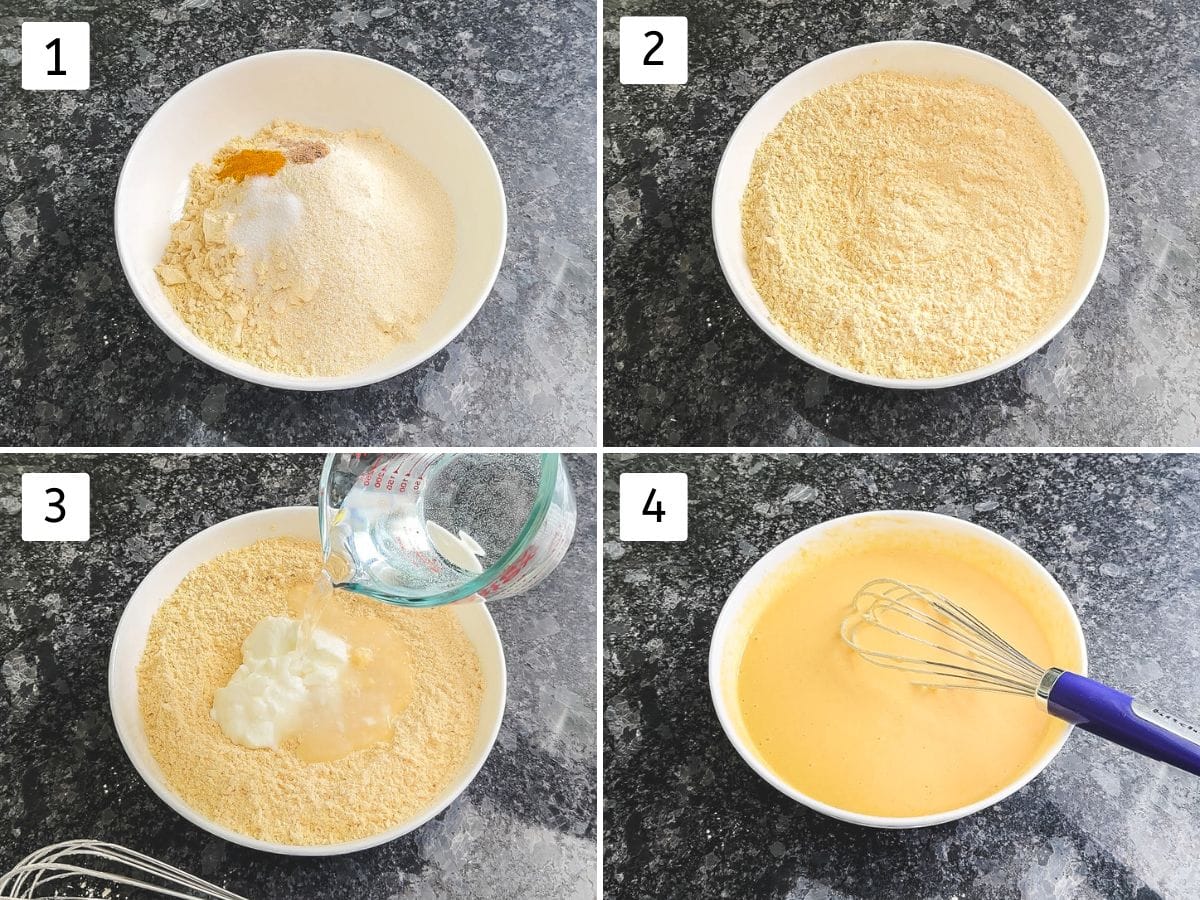 Collage of 4 images showing making besan chilla batter.