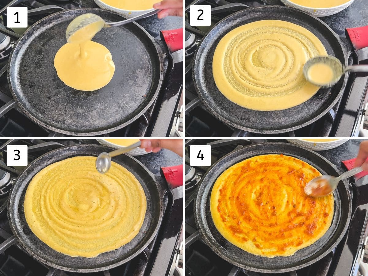 Collage of 4 images showing spread chilla batter on the pan, drizzling oil and spreading schezwan sauce.
