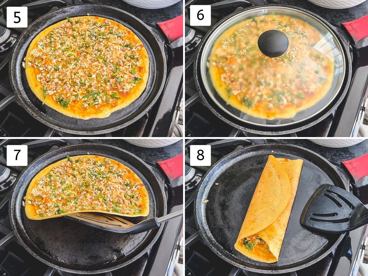 Collage of 4 images showing spreading paneer stuffing, cooking covered and foling like dosa.