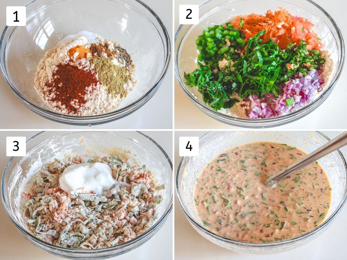 Collage of 4 images showing making veggie besan cheela batter.