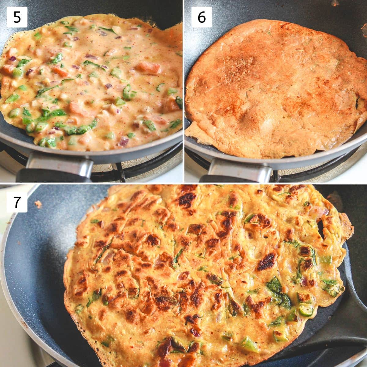 Collage of 3 images showing cooking besan cheela on the pan.