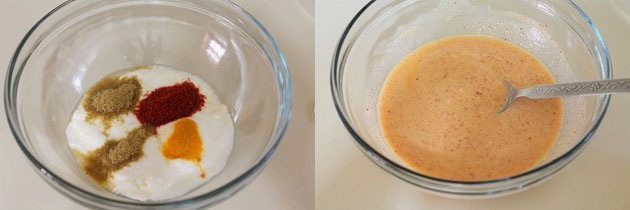 Collage of 2 images showing yogurt and spices in a bowl and mixed.