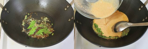 Collage of 2 images showing adding curry leaves and yogurt water.