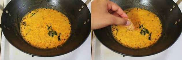 Collage of 2 images showing simmering gravy and adding muthia.