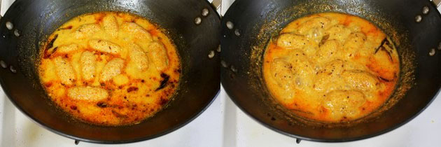 Collage of 2 images showing cooking muthia and ready rasiya muthia.